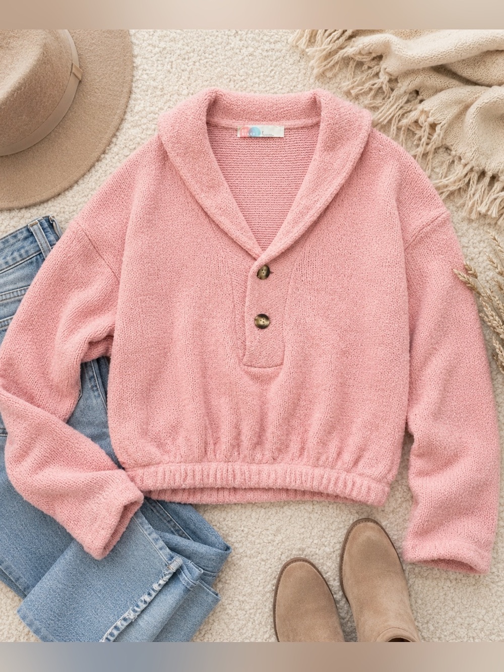 FP Beach by Free People Cozy Hooded Henley Pullover Pink Soft Sweatshirt Size L